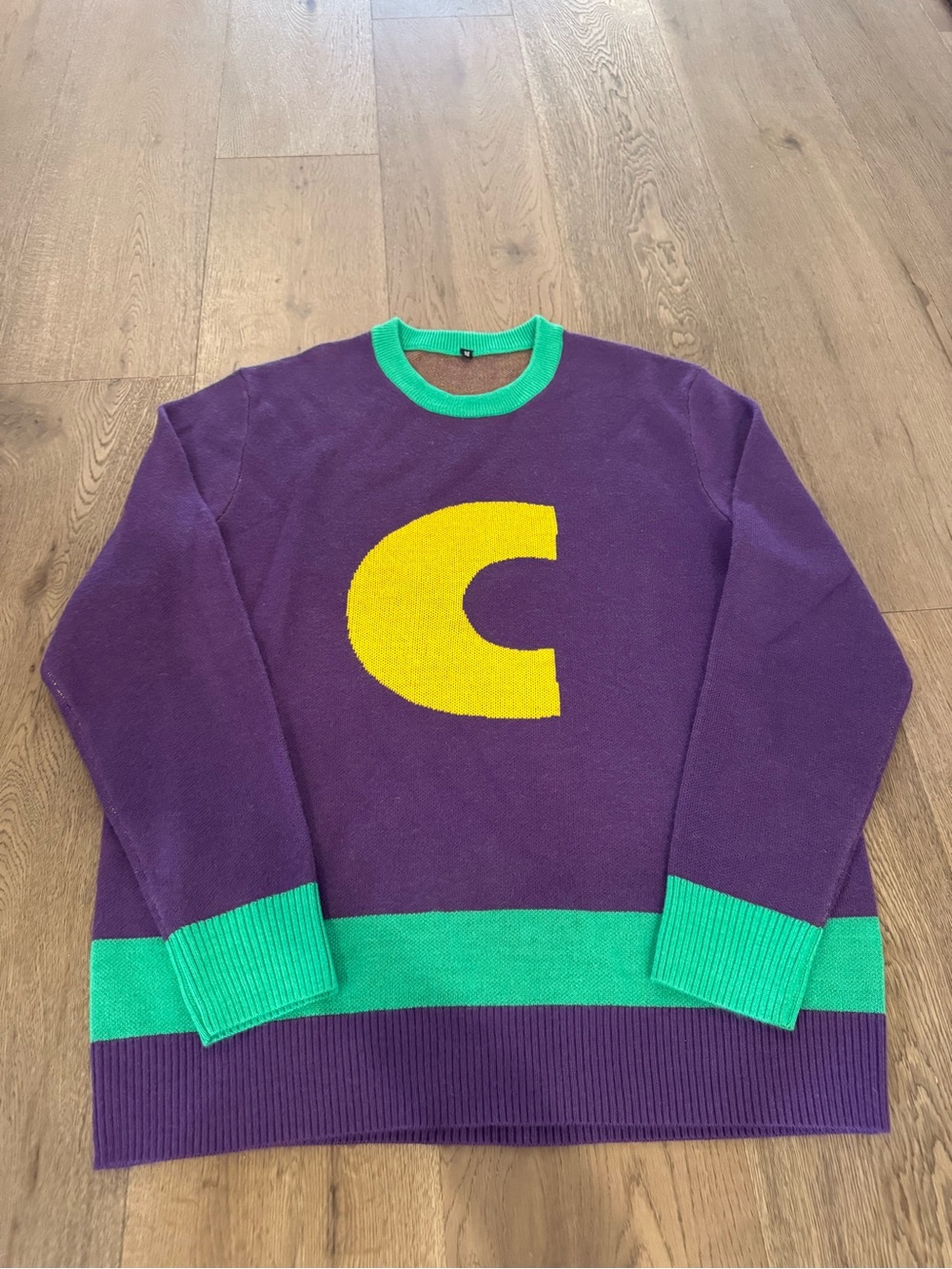 Chuck E Cheese inspired Crewneck Sweater with Yellow 'C' and Green Trim